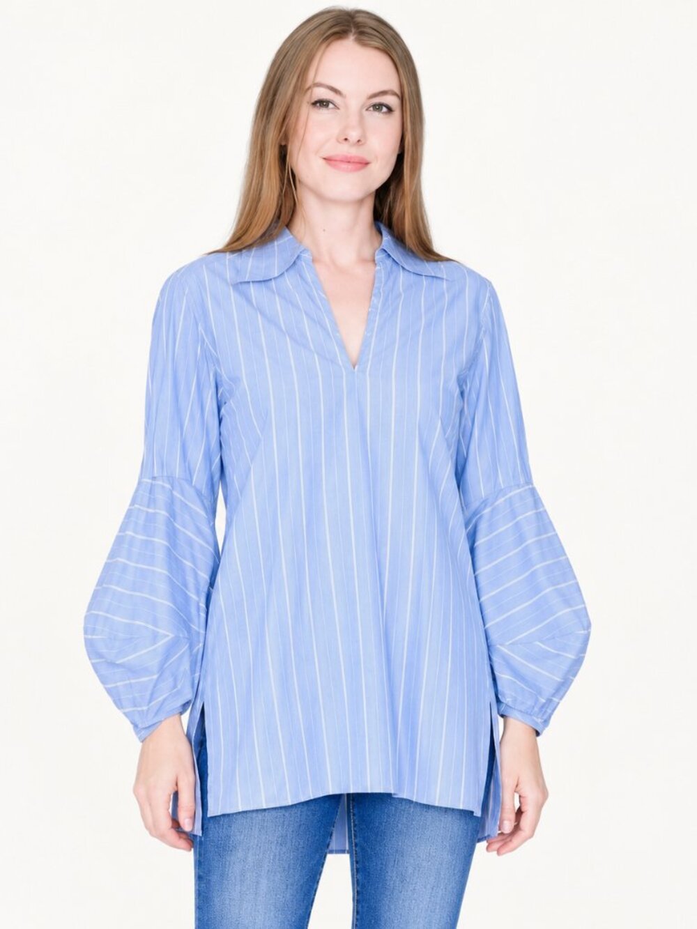 Amanda Uprichard Dartmouth Blue White Stripe Puff Sleeve Tunic Top Large